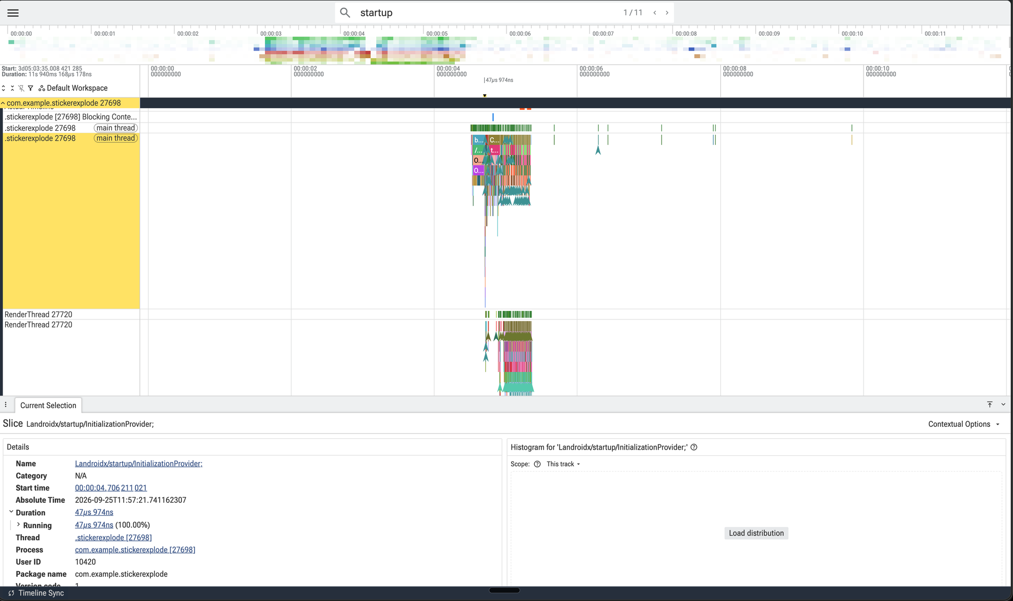 Perfetto UI, StickerExplode, main thread and RenderThread expanded, real capture tonight